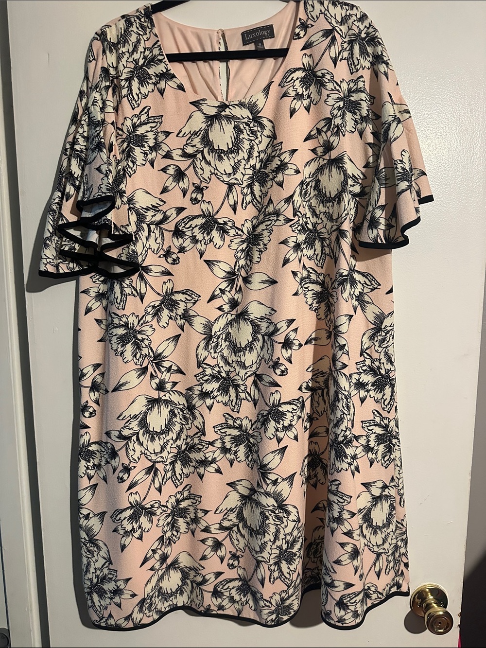 Luxology Pink Floral Shift Dress with Black Trim